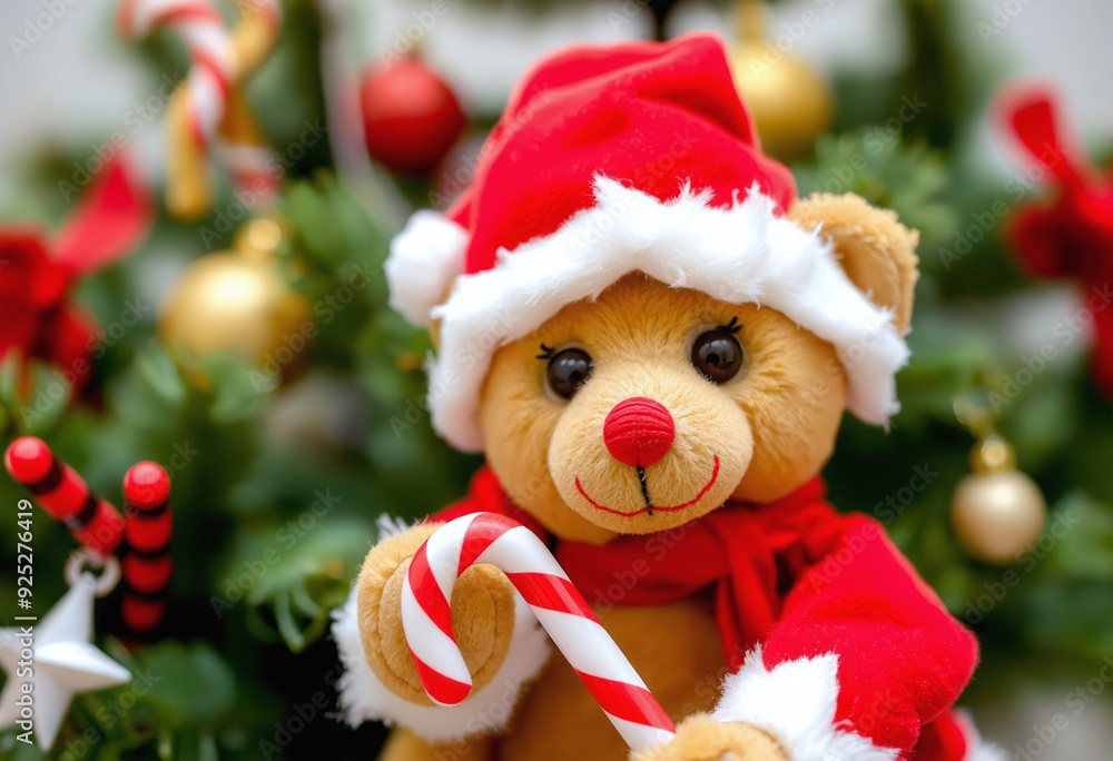 Christmas teddy bear wearing a Santa hat and holding a candy cane, festive, holiday, toy, plush, decoration, red, white Christmas teddy bear wearing a Santa hat and holding a candy cane, festive, holiday, toy, plush, decoration, red, white
