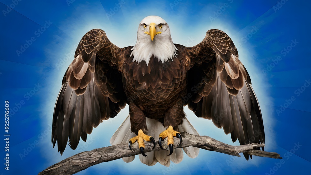 Naklejka premium Bald Eagle Perched on Branch, with Blue Background, Realistic Photo, Standard Background, Wallpaper, Cover and Screen for Smartphone, Cell Phone, Computer, Laptop