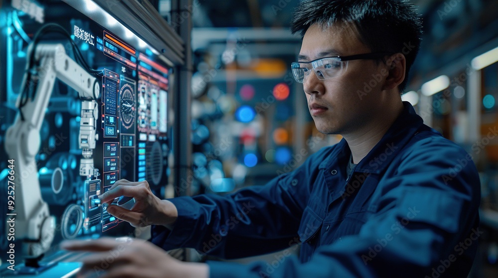 Chinese man in dark blue factory work clothes.chinese man.An industrial robot system operator in a high-tech industrial workshop is focused on operating a control screen Chinese man in dark blue factory work clothes.chinese man.An industrial robot system operator in a high-tech industrial workshop is focused on operating a control screen