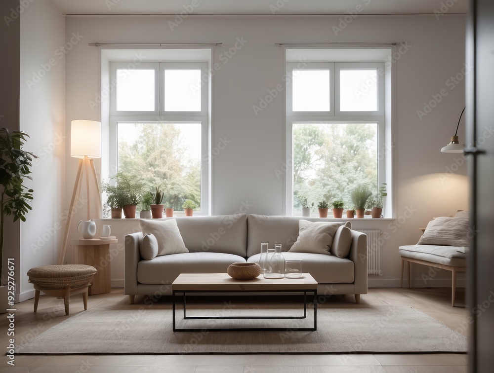 Minimalist Living Room with White Sofa, Two Windows and Wooden Floor Minimalist Living Room with White Sofa, Two Windows and Wooden Floor