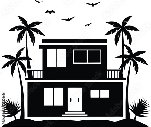 house and tree silhouette illustration blacka and white photo