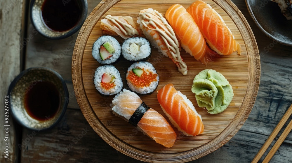 Nigiri sushi arranged on a wooden plate, with wasabi and soy sauce, viewed from above, highlighting the dish's artistry and flavor. Nigiri sushi arranged on a wooden plate, with wasabi and soy sauce, viewed from above, highlighting the dish's artistry and flavor.