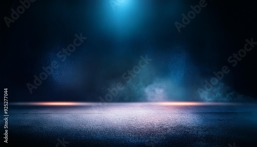 A dark empty street, dark blue background, an empty dark scene, neon light, spotlights The asphalt floor and studio room with smoke float up the interior