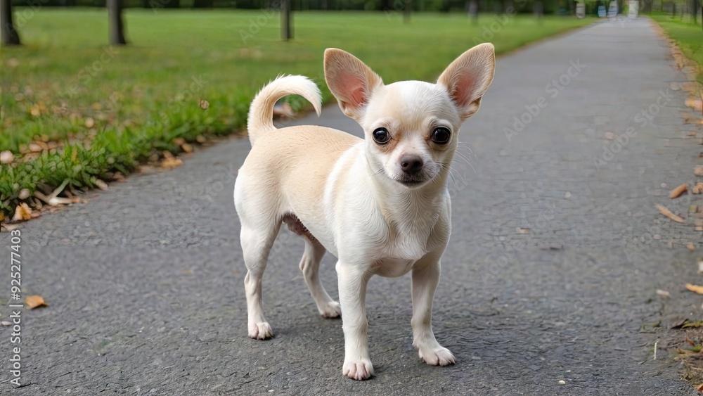 Cream smooth coat chihuahua dog walking in the park Cream smooth coat chihuahua dog walking in the park
