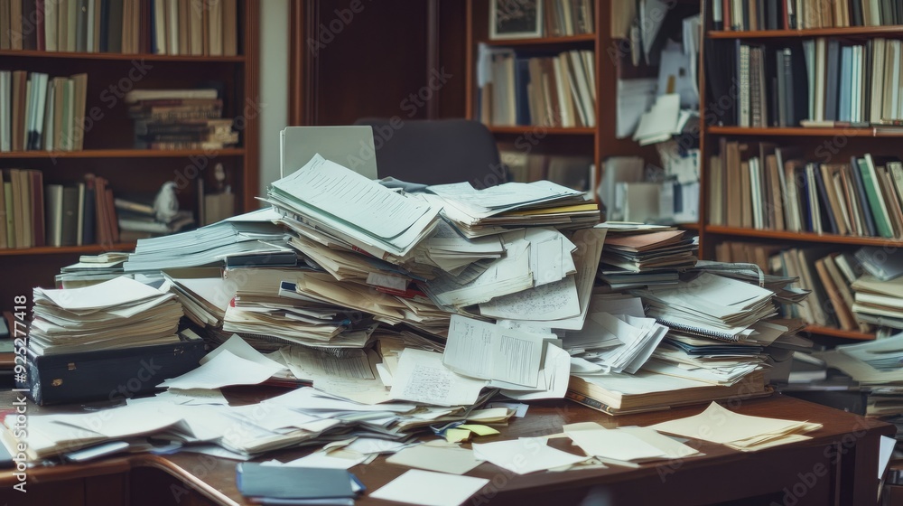 Papers and files scattered across an office desk, overflowing onto the floor, cluttered and messy workspace. Papers and files scattered across an office desk, overflowing onto the floor, cluttered and messy workspace.