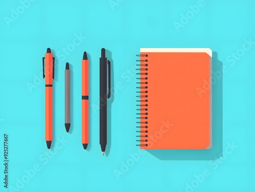 Four pens and a spiral bound notebook on a blue background. photo