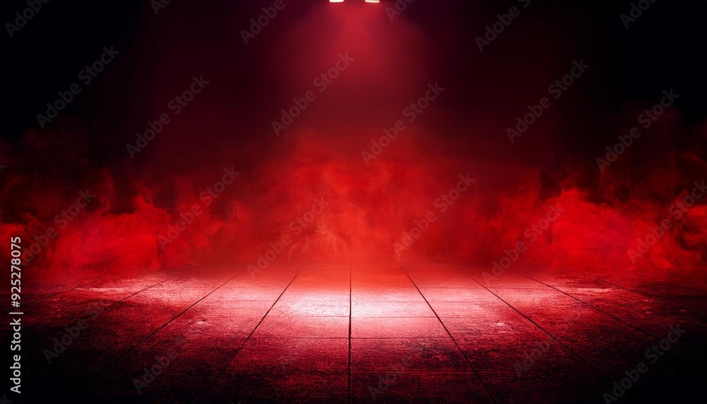 Fototapeta premium The dark stage shows, dark red background, an empty dark scene, neon light, and spotlights The concrete floor and studio room with smoke float up the interior 
