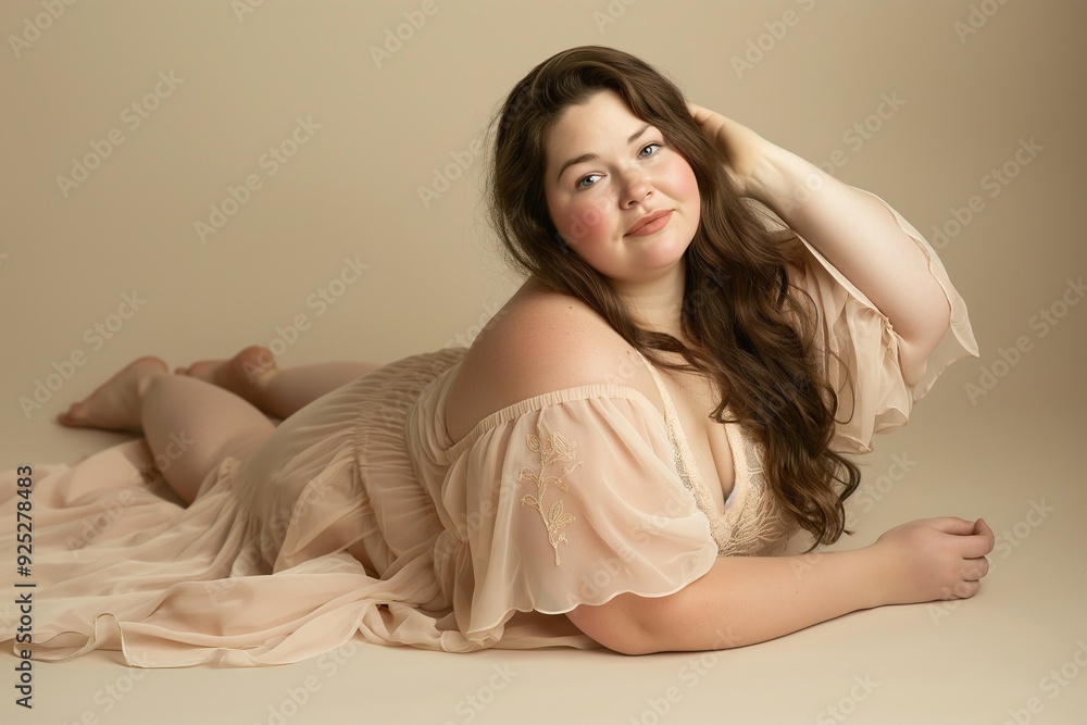 Curvy woman in beige nightgown, sensual pose in studio. Concept about lifestyle and body positivity Curvy woman in beige nightgown, sensual pose in studio. Concept about lifestyle and body positivity