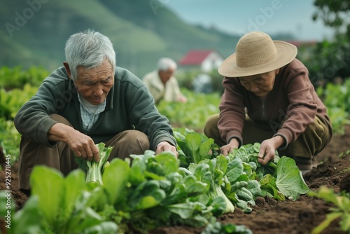 Old Asian couple planting vegetables