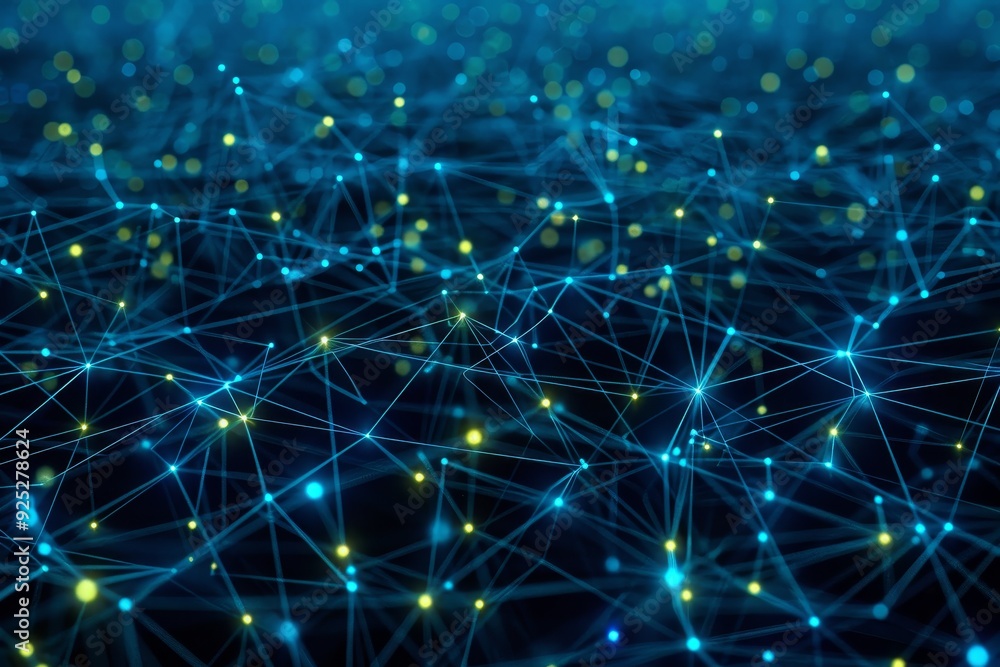 A blue background filled with a network of interconnected lines and dots representing data transmission, Nodes radiating with data transmission A blue background filled with a network of interconnected lines and dots representing data transmission, Nodes radiating with data transmission
