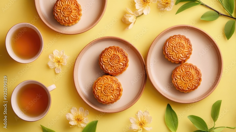 Top view of mooncakes beautifully presented on round plates, paired with green tea and a flower on a bright yellow background with subtle shadows. Top view of mooncakes beautifully presented on round plates, paired with green tea and a flower on a bright yellow background with subtle shadows.