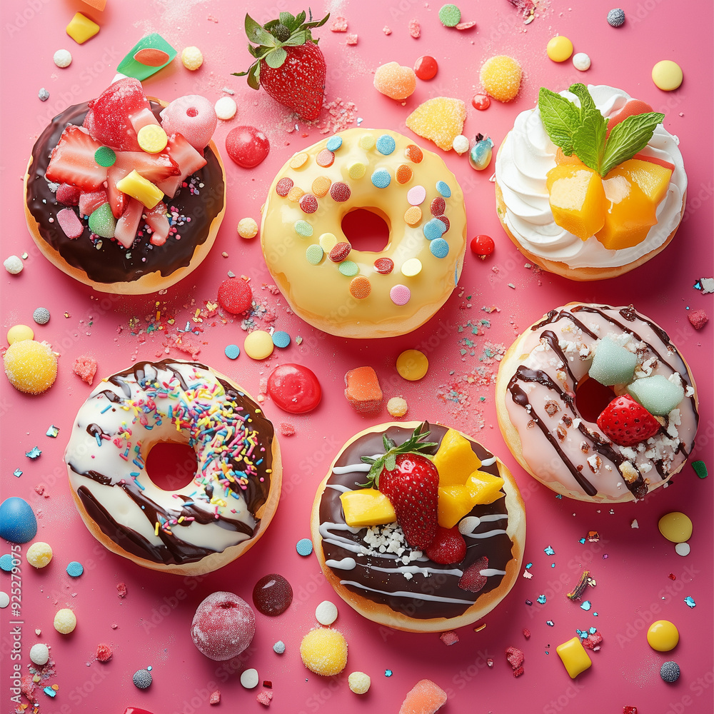 The photo of sweet donuts flat lays on a vibrant color background. The photo of sweet donuts flat lays on a vibrant color background.
