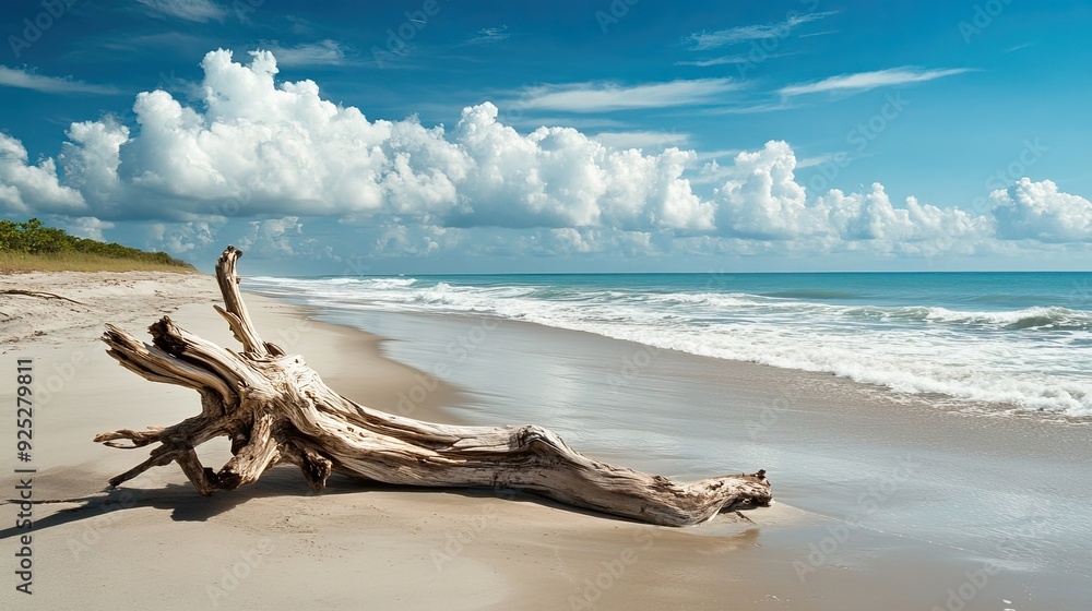 Fototapeta premium Weathered driftwood scattered along a sandy beach, with soft waves in the background, capturing the essence of coastal nature.