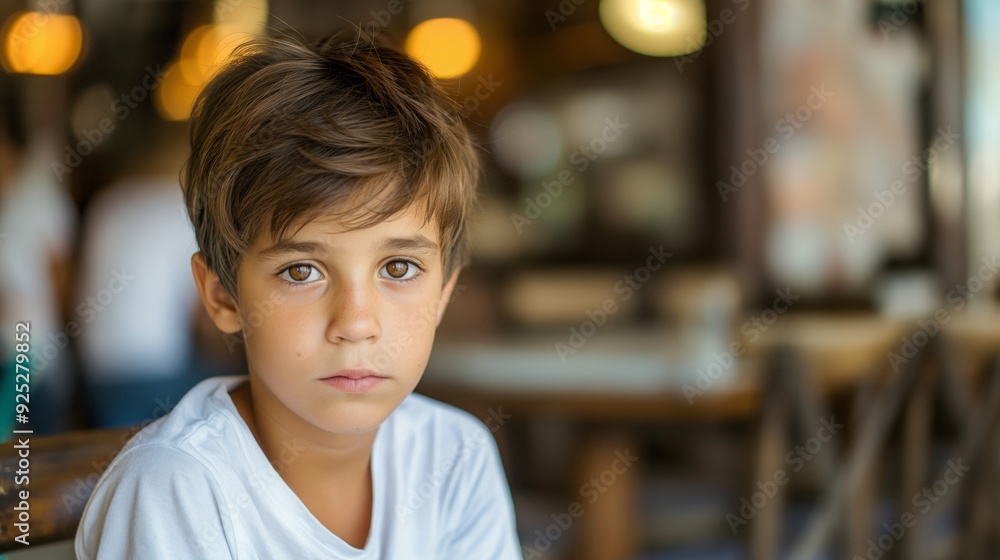 The image features a young boy with brown hair looking intently at the camera, set against a blurred indoor background with warm lights. The image features a young boy with brown hair looking intently at the camera, set against a blurred indoor background with warm lights.