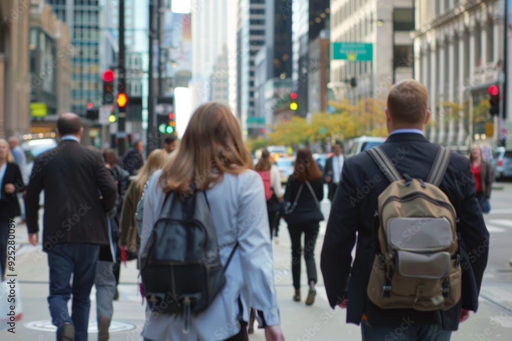 A group of office workers walking down a busy city street in downtown, Office workers walking to lunch in a busy downtown area A group of office workers walking down a busy city street in downtown, Office workers walking to lunch in a busy downtown area