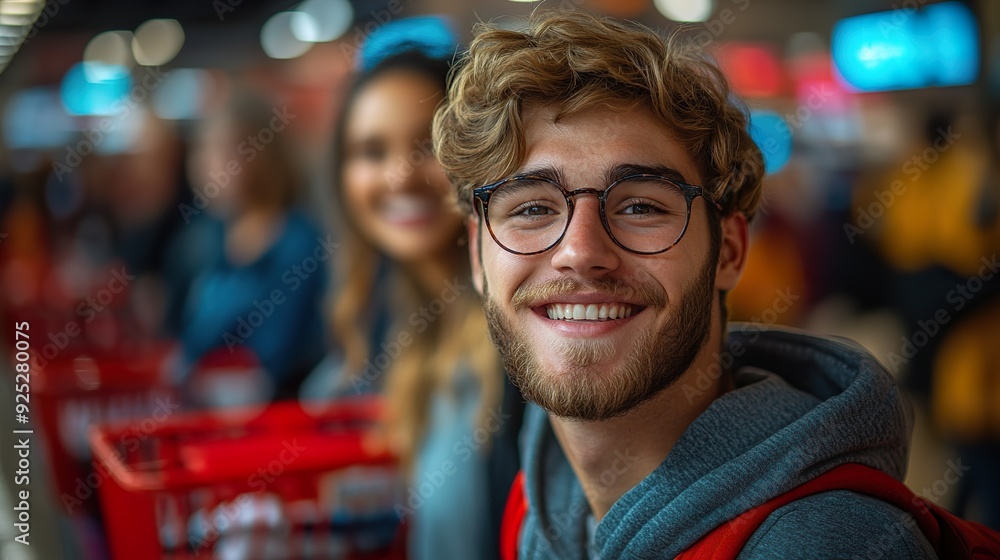 A group of friends excitedly checking out with carts full of deals on Black Friday A group of friends excitedly checking out with carts full of deals on Black Friday