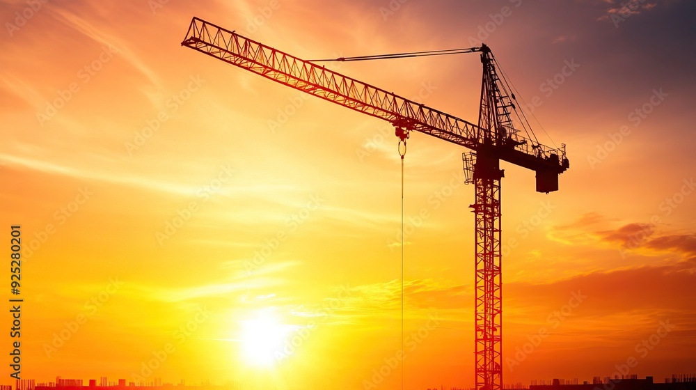A construction crane silhouetted against a vibrant sunset sky, symbolizing progress and development in urban environments. A construction crane silhouetted against a vibrant sunset sky, symbolizing progress and development in urban environments.