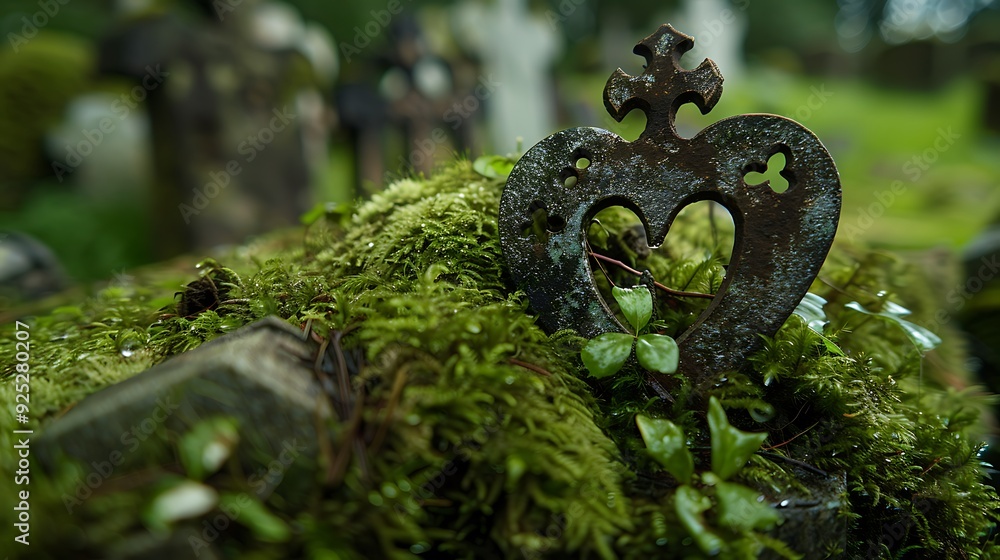 Close up of a metal love on moss in an old dig grave with an interment backdrop Close up of a metal love on moss in an old dig grave with an interment backdrop