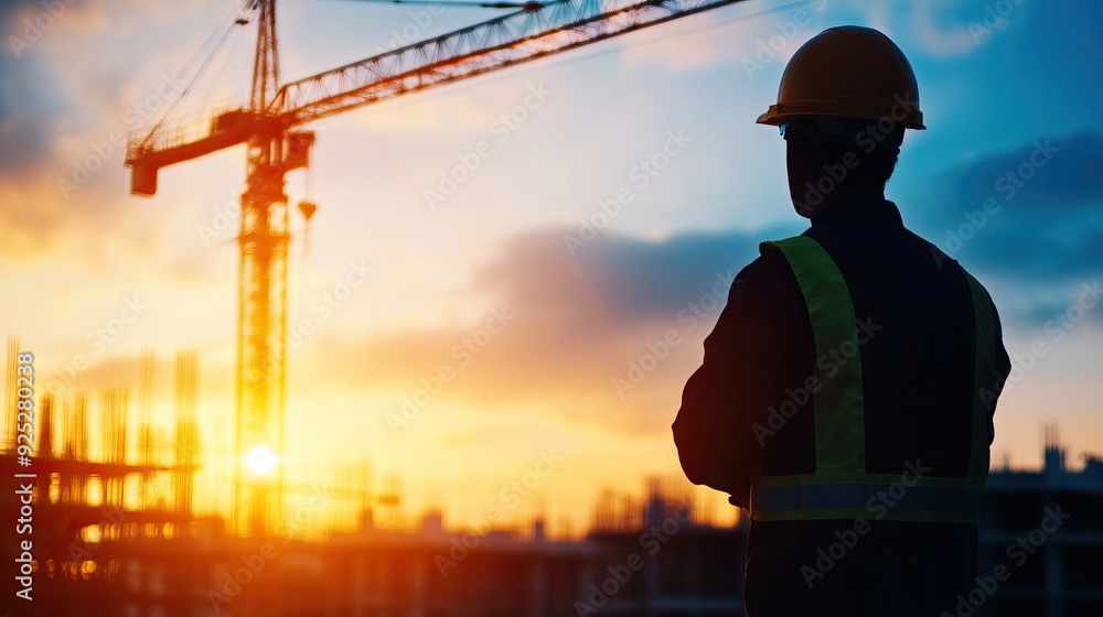 A construction worker surveys a site at sunset, showcasing dedication to safety and progress in the industry. A construction worker surveys a site at sunset, showcasing dedication to safety and progress in the industry.