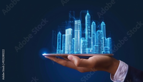 Digital Smart Cities Concept. A glowing blue skyscraper emerging from a digital tablet, architecture and technology. Modern Urban Planning Development, Cityscapes and Innovation future of cities. #925280222