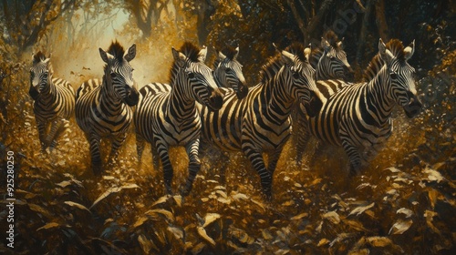 A Herd of Zebras Walking Through Golden Foliage