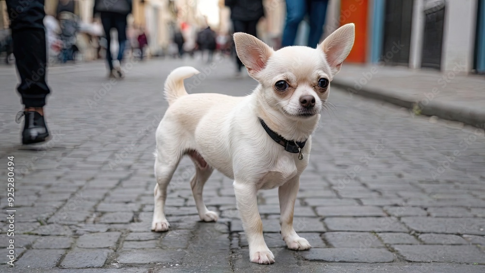 Cream smooth coat chihuahua dog walking on the street Cream smooth coat chihuahua dog walking on the street