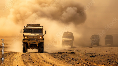 A convoy of military trucks driving through a desert landscape, dust clouds rising behind them photo