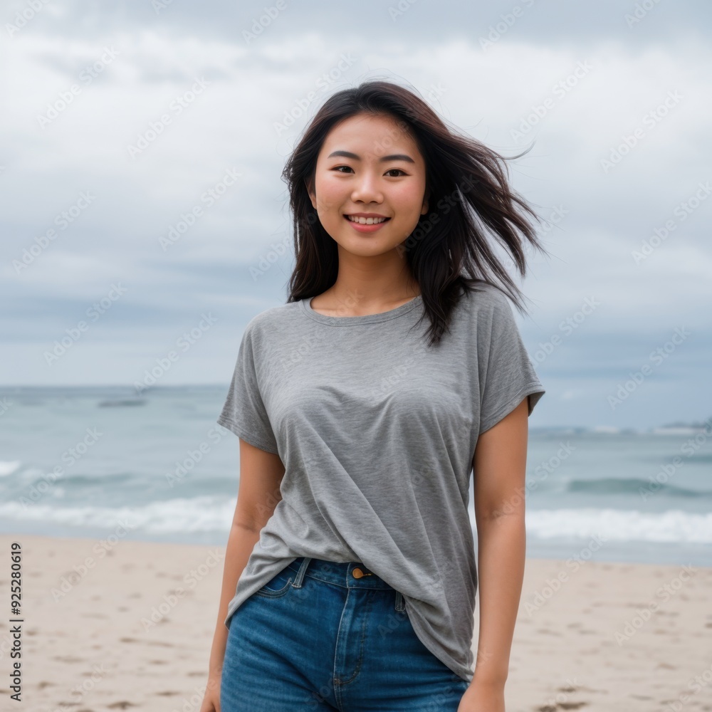 Lady's Assurance on Beach with Soft Waves and Gray Cloudy Skies Lady's Assurance on Beach with Soft Waves and Gray Cloudy Skies