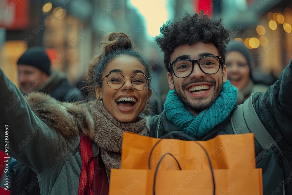 Obraz premium A group of shoppers celebrating their successful Black Friday shopping spree