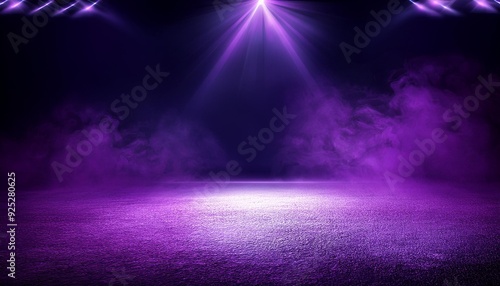 The dark stage shows, purple background, an empty dark scene, neon light, spotlights The asphalt floor and studio room with smoke float up the interior 