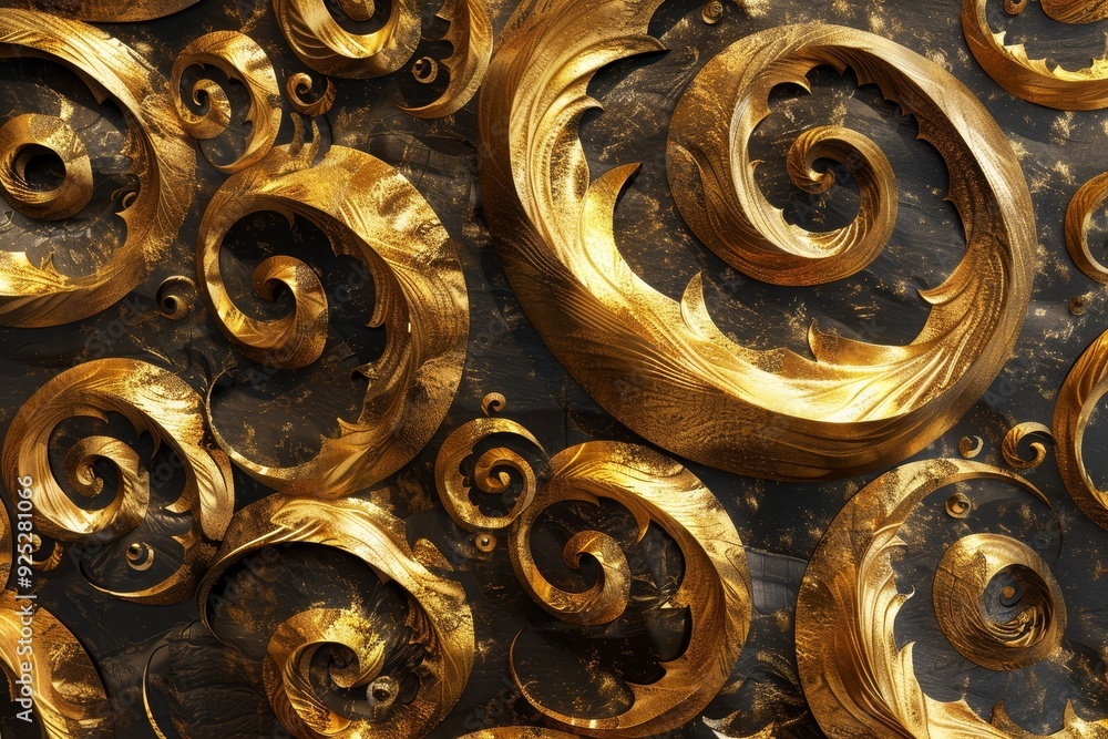 Numerous gold spirals elegantly displayed on a wall, forming a captivating pattern, Opulent golden swirls creating a mesmerizing pattern