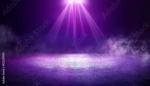 The dark stage shows, purple background, an empty dark scene, neon light, spotlights The asphalt floor and studio room with smoke float up the interior 
