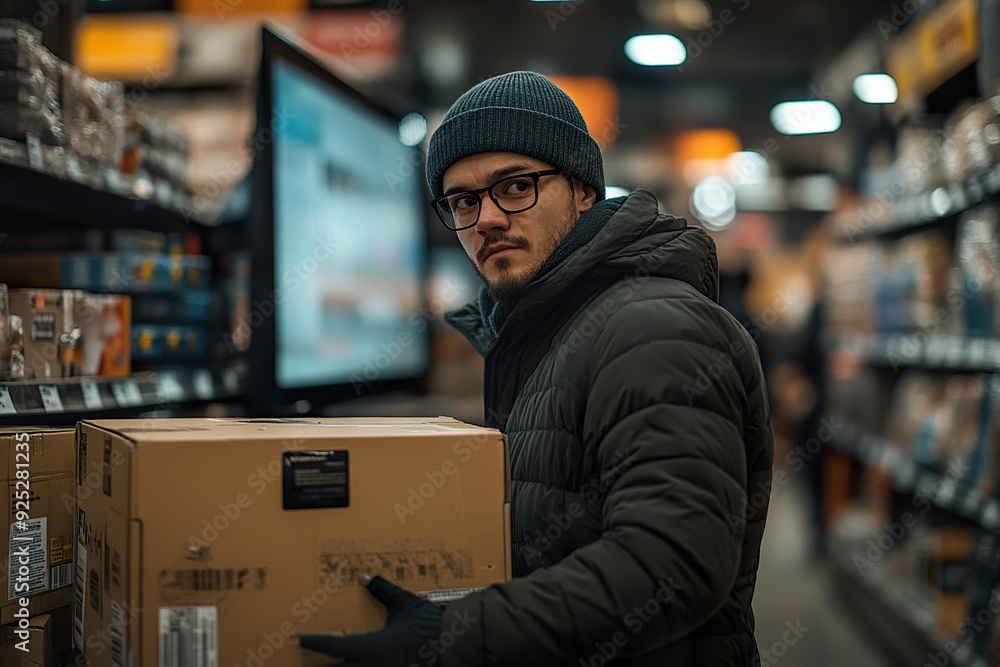 A shopper happily leaving a store with a big-screen TV on Black Friday A shopper happily leaving a store with a big-screen TV on Black Friday
