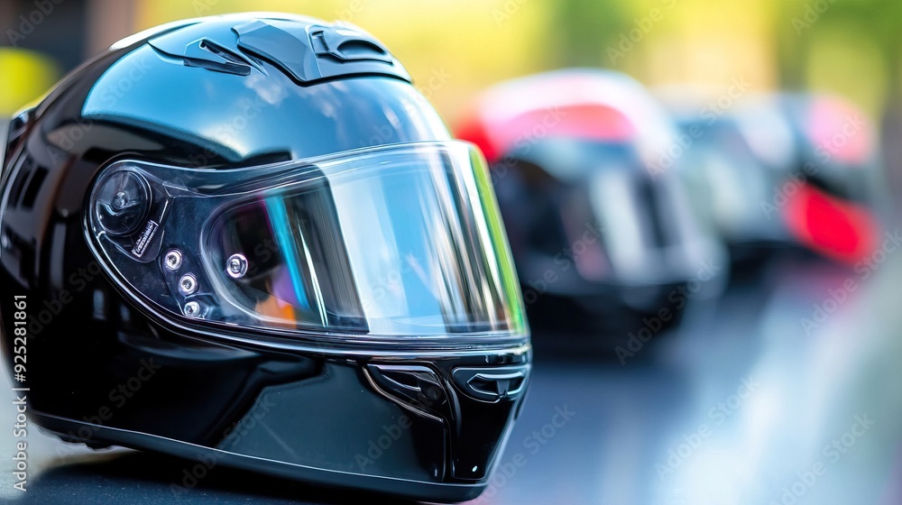 Close-up of a shiny black motorcycle helmet reflecting light, showcasing sleek design and safety features with blurred background. Close-up of a shiny black motorcycle helmet reflecting light, showcasing sleek design and safety features with blurred background.