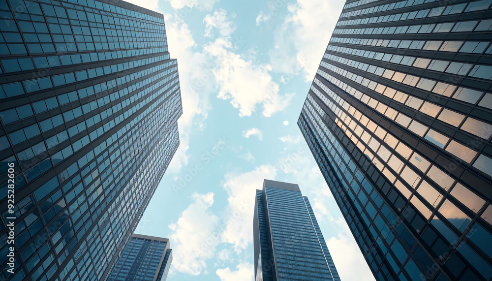 Tall skyscrapers reaching up towards the sky, creating a dramatic perspective with the clouds in the center Tall skyscrapers reaching up towards the sky, creating a dramatic perspective with the clouds in the center