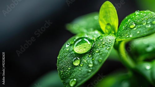 A close-up of a green leaf adorned with dew droplets, showcasing nature's beauty and the freshness of plant life.