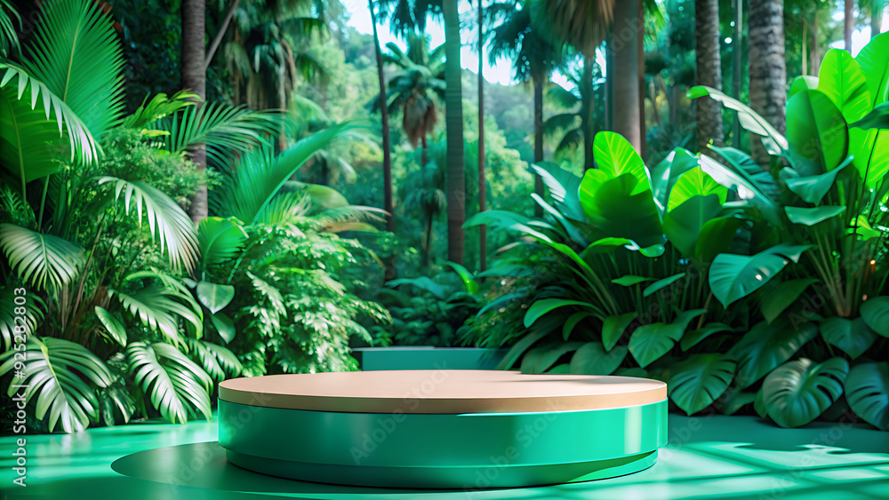 A modern podium for product design against the backdrop of a tropical forest A modern podium for product design against the backdrop of a tropical forest