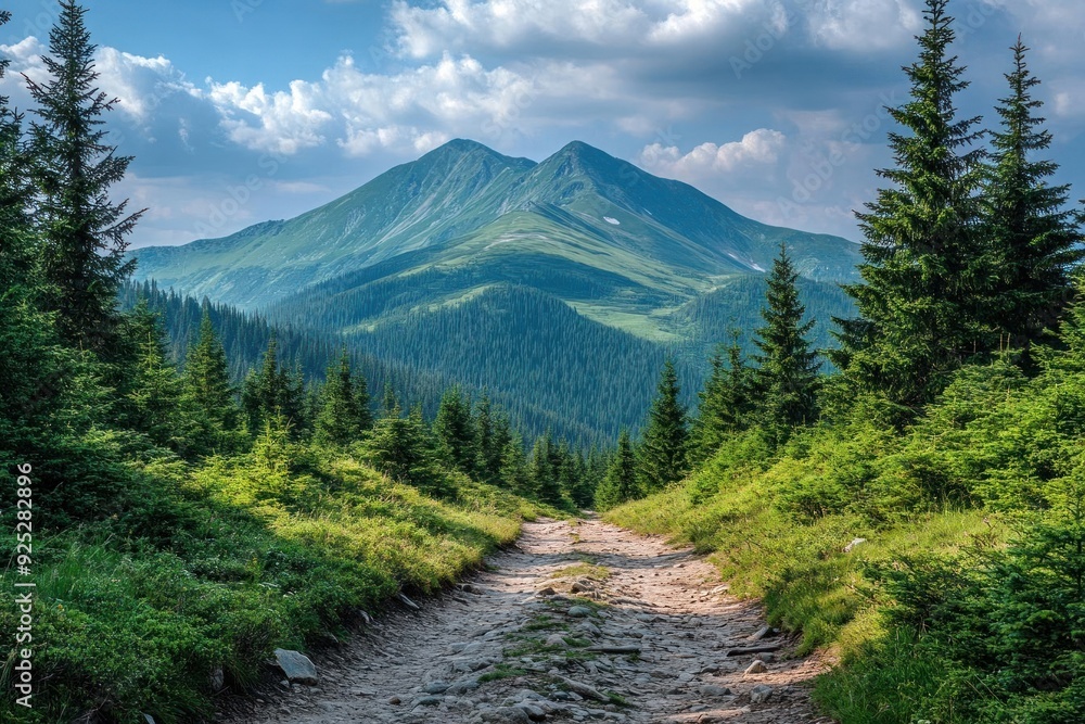 Fototapeta premium Breathtaking mountain landscape with lush greenery, winding path, and majestic peaks under a bright blue sky.