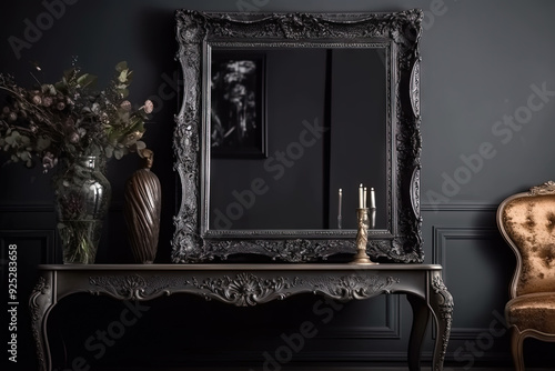 Black vintage ornate frame in classic style. Dark gothic royal frame in the room.