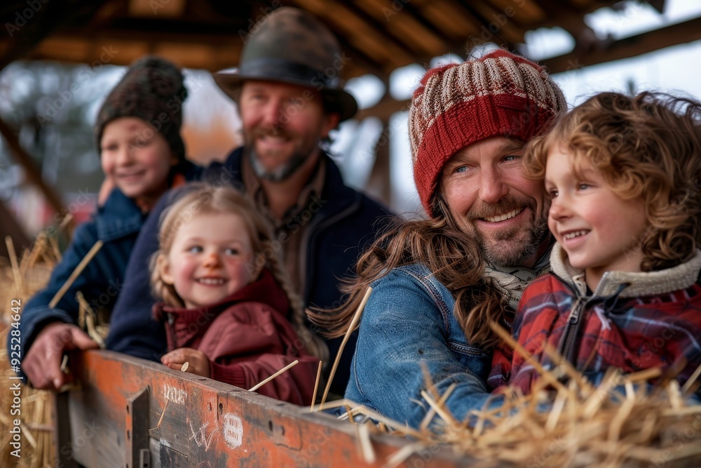 Parents and children stand next to each other, enjoying a hayride, Parents and children enjoying a hayride together Parents and children stand next to each other, enjoying a hayride, Parents and children enjoying a hayride together