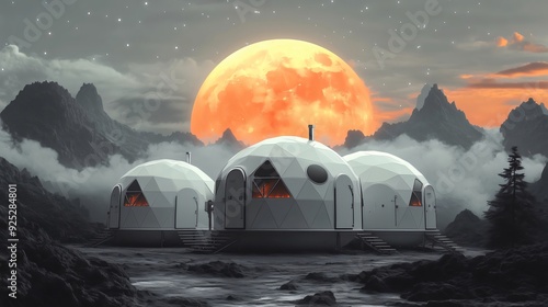 Three futuristic geodesic dome homes with glowing windows are illuminated by a giant, orange moon in a rocky, alien landscape photo