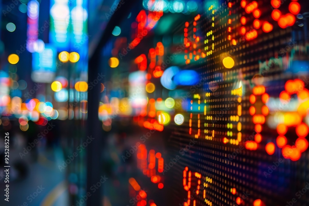 Fototapeta premium A bustling city street filled with glowing neon lights, creating a colorful and lively atmosphere, Participating in stock market simulations to practice trading strategies