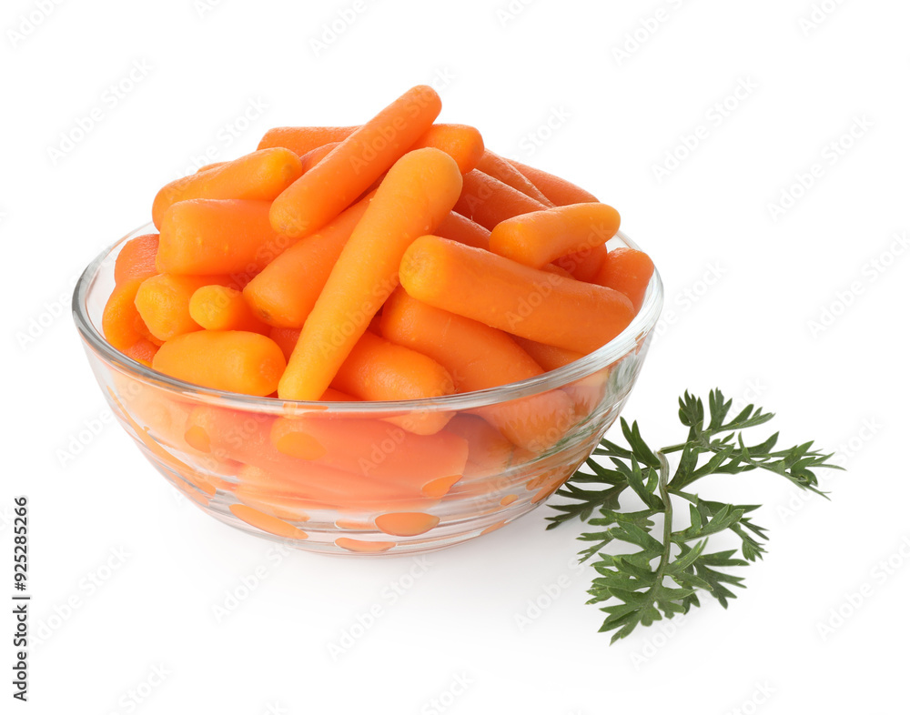 Baby carrots in bowl and green leaf isolated on white Baby carrots in bowl and green leaf isolated on white
