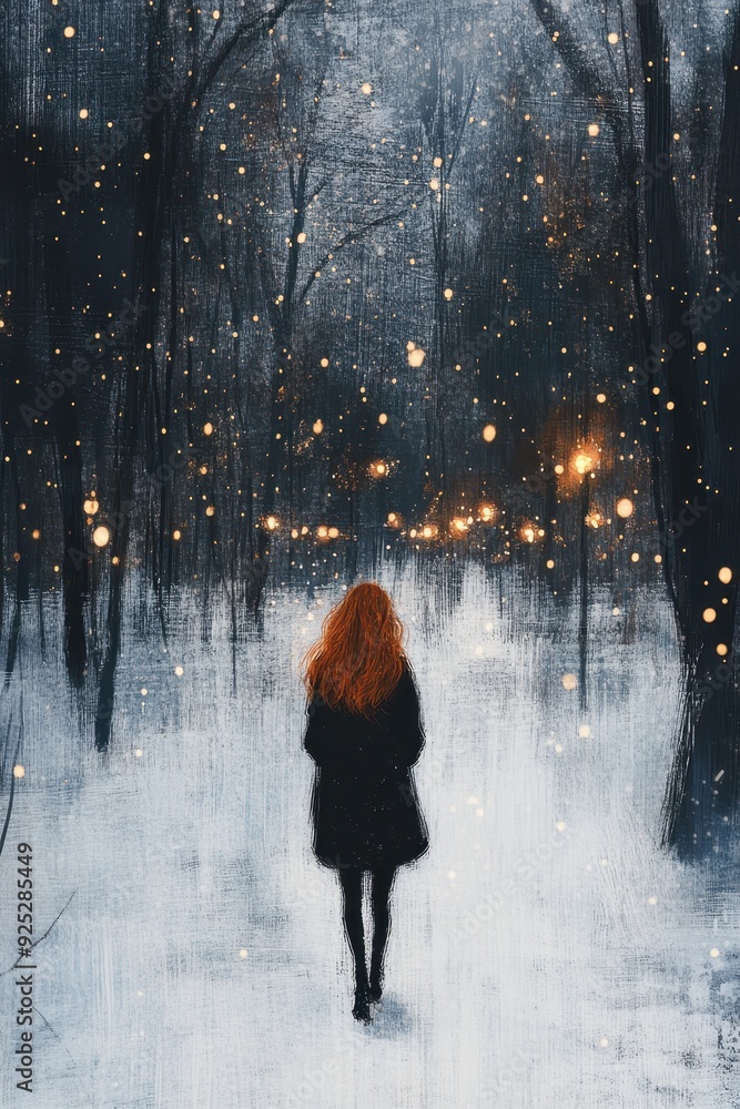 Enchanting winter walk through snowy forest with twinkling lights Enchanting winter walk through snowy forest with twinkling lights