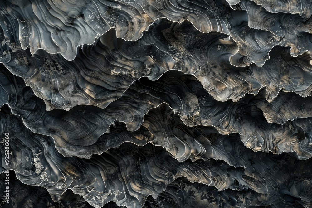 Detailed view of a black and white rock formation with unique patterns resembling waves on a stormy sea, Patterned skin resembling waves on a stormy sea Detailed view of a black and white rock formation with unique patterns resembling waves on a stormy sea, Patterned skin resembling waves on a stormy sea