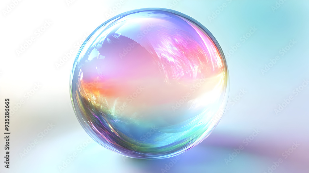 Obraz premium A colorful, iridescent bubble reflecting light and colors in a soft, abstract setting.