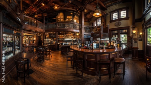 Interior of a Wooden Bar with a Curved Counter and Stools