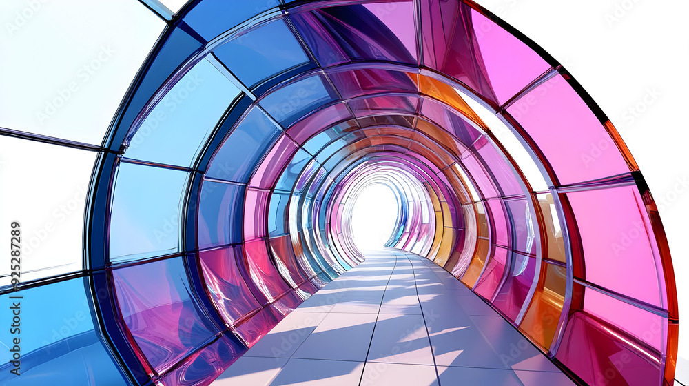 A colorful, modern tunnel with a bright light at the end, showcasing vibrant glass panels. A colorful, modern tunnel with a bright light at the end, showcasing vibrant glass panels.