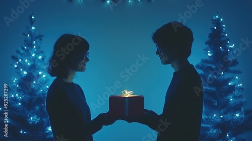 Festive gift exchange among gen z with glowing holiday trees