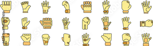 Vector set of gloves for different activities and sports, gardening, boxing, hockey, baseball, and more